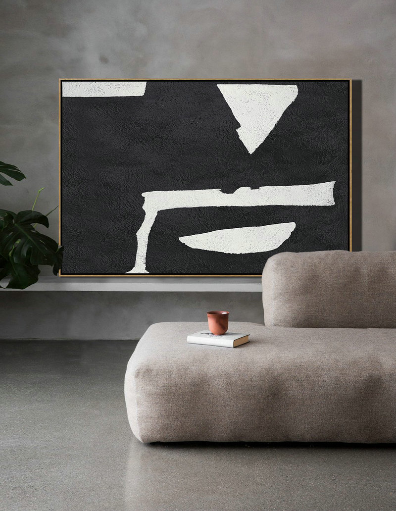 Extra Large Artwork,Hand Painted Oversized Horizontal Minimal Art On Canvas, Black And White Minimalist Painting - Large Abstract Wall Art